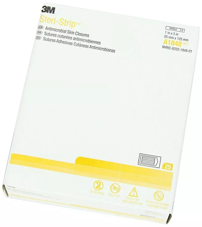 3M A1848 Steri-Strips Anti-Microbial - 1" x 5", 4 strips/envelope, Box of 25 envelopes