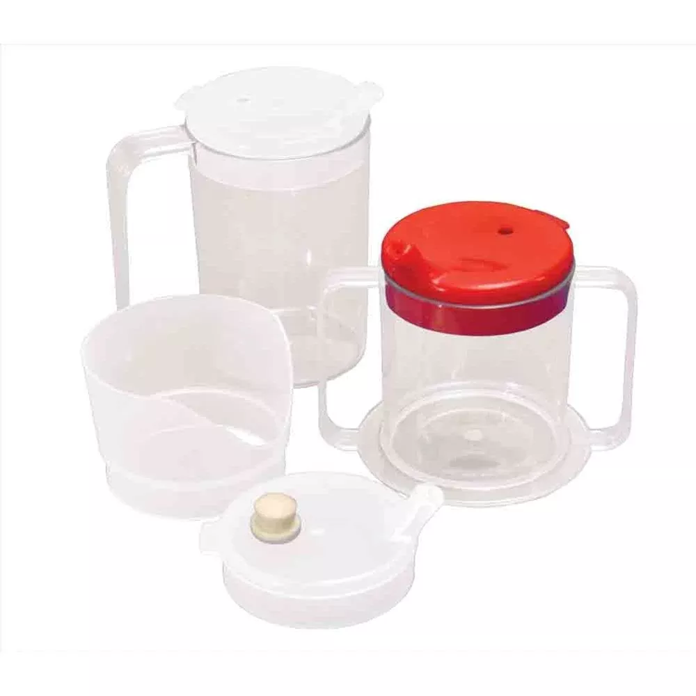 Alimed Adaptive Mugs, 10 oz. 1 Handle Clear Mug with 2 Clear Lids - 80840