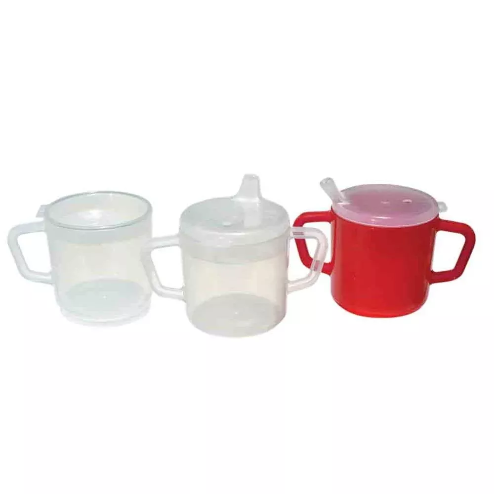 Alimed Adaptive Mugs, 8 oz. 2 Handle Mug, Clear, with 2 LIds - 8573