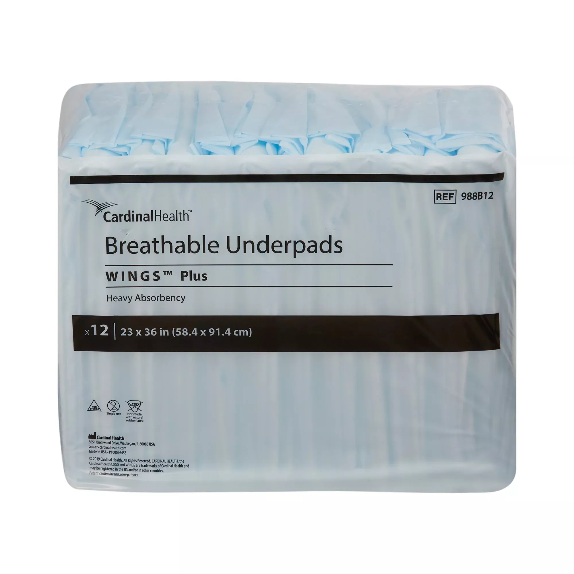 Cardinal Health, Breathable Underpads, Wings Plus, 23" X 36"- Package of 12