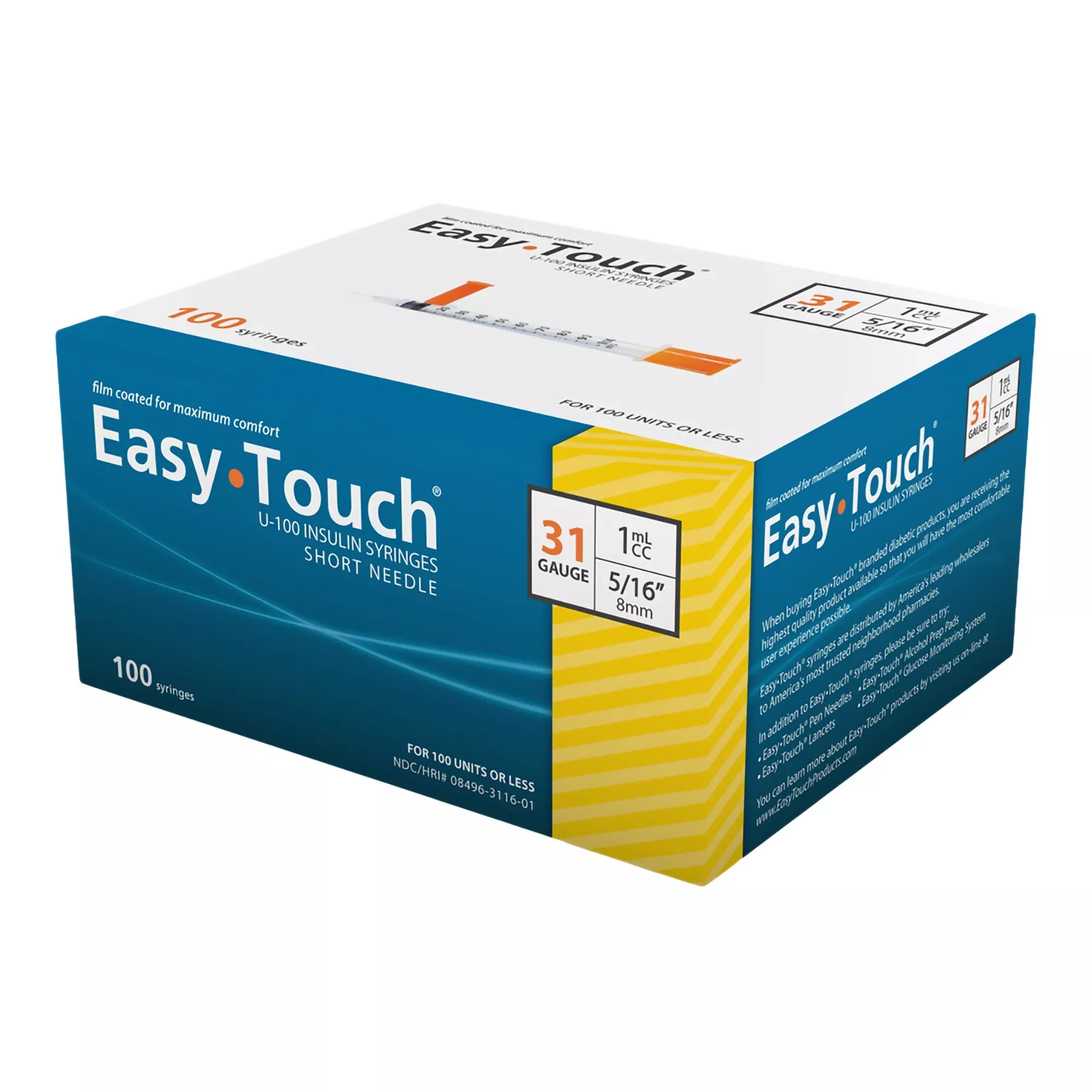 Easy Touch U-100 Insulin Syringes Short Needle, 31 gauge- Box of 100