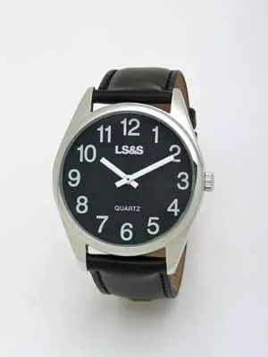 LS&S Jumbo Low Vision Watch Black Face, Silver Case, Leather Band