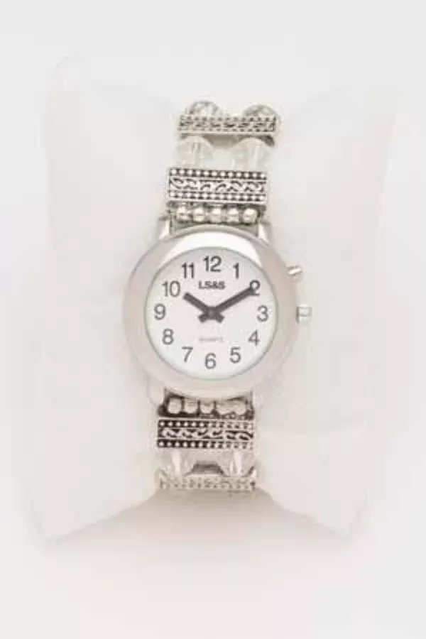 LS&S Ladies 1 Button Silver Tone Talking Watch Beaded Band