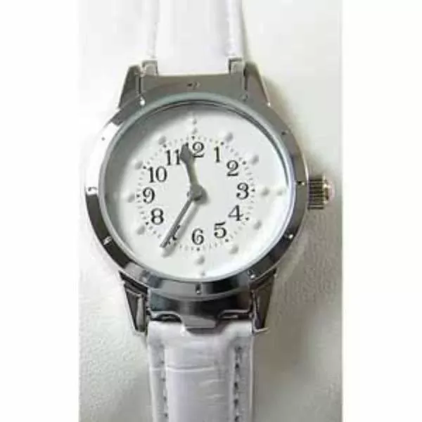 LS&S Ladies' Braille Watch Silver Case with White Face and White Leather Band