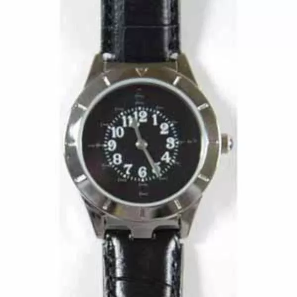 LS&S Men's Braille Watch Silver Case Black Face and Leather Band