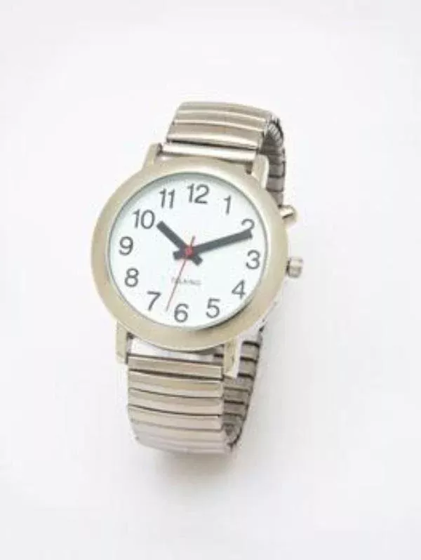 LS&S Mens One Button Watch, White Face, Male Voice, Silver Tone