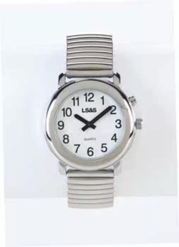 LS&S Talking 1-Button Watch With Choice of Voice White Face, Silver Color, Silver Expansion Band