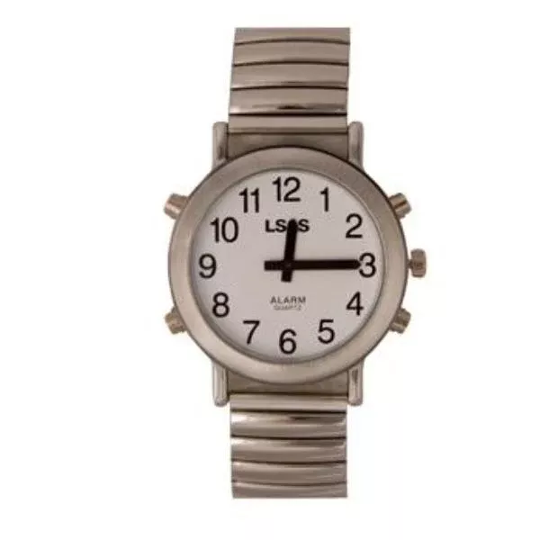 LS&S Talking 4 Button Watch With Choice of Voice White Face, Silver Color, Expansion Band For Ladies