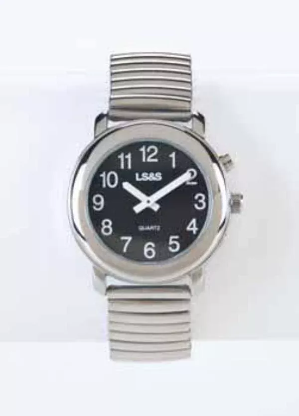 LS&S Talking Watch 1-Button Black Face - Silver Expansion Band - Men's