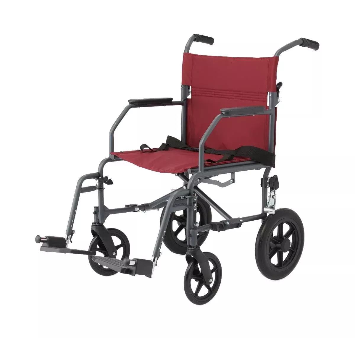 Medline Basic Steel Folding Transport Chair with 12" Wheels - Gray and Burgundy