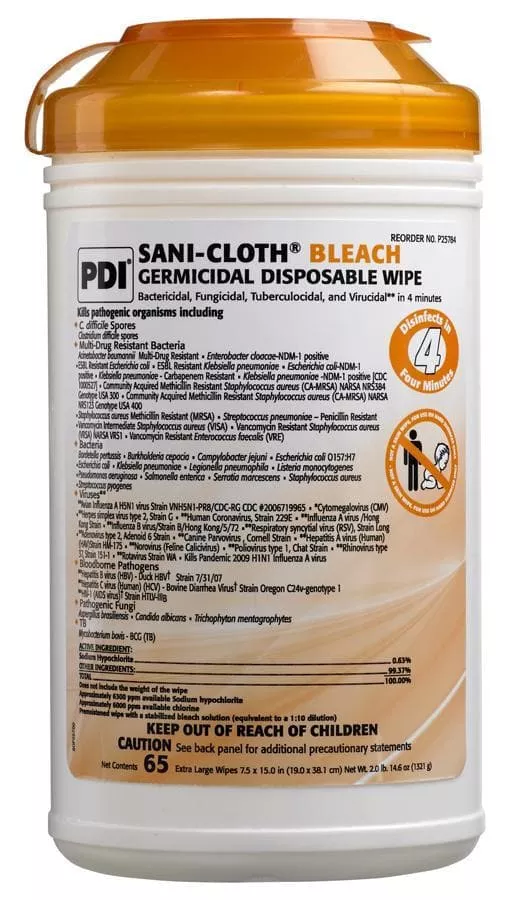 PDI Sani-Cloth Bleach Germicidal Disposable Surface Cleaning Wipes - XL Canister