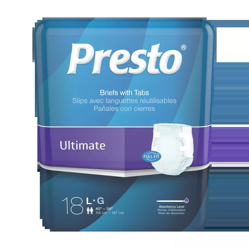 Presto Maximum Absorbency Ultimate Incontinence Brief, Large, Unisex, 45" To 58" Circumference, Blue- Package of 18
