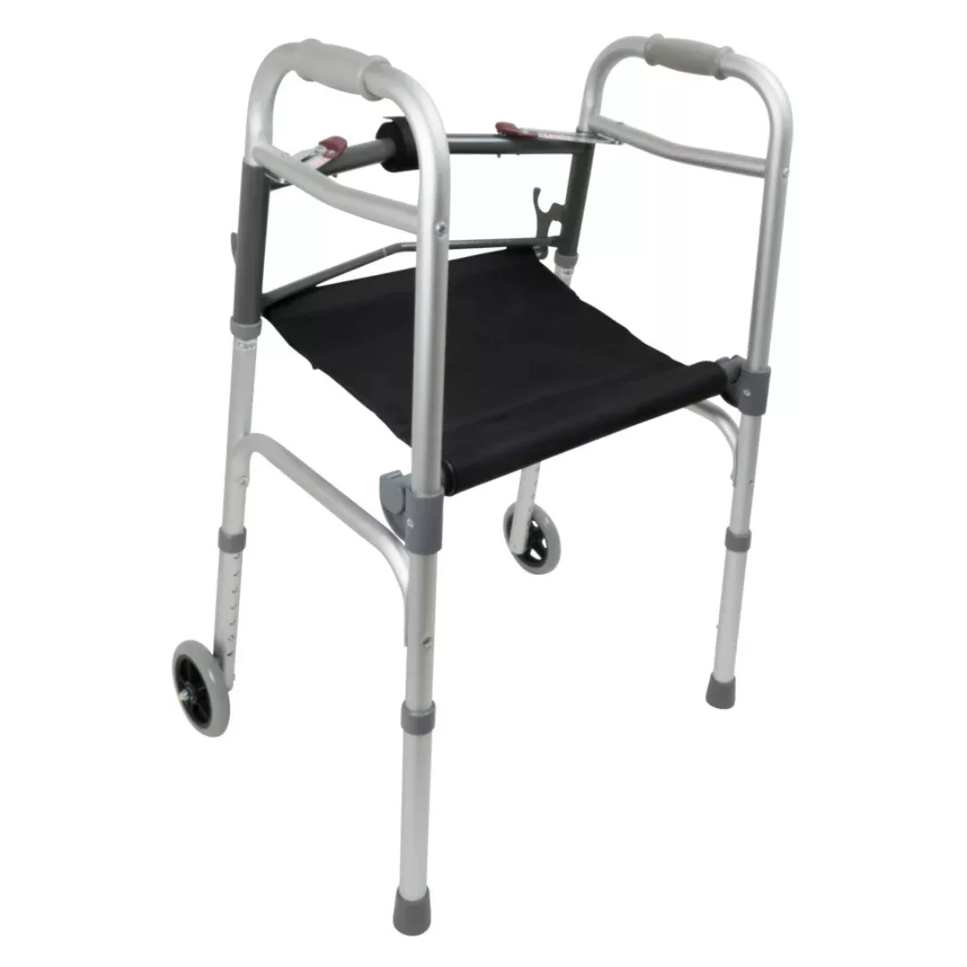ProBasics Two-Button Folding Walker with Wheels & Roll-Up Seat