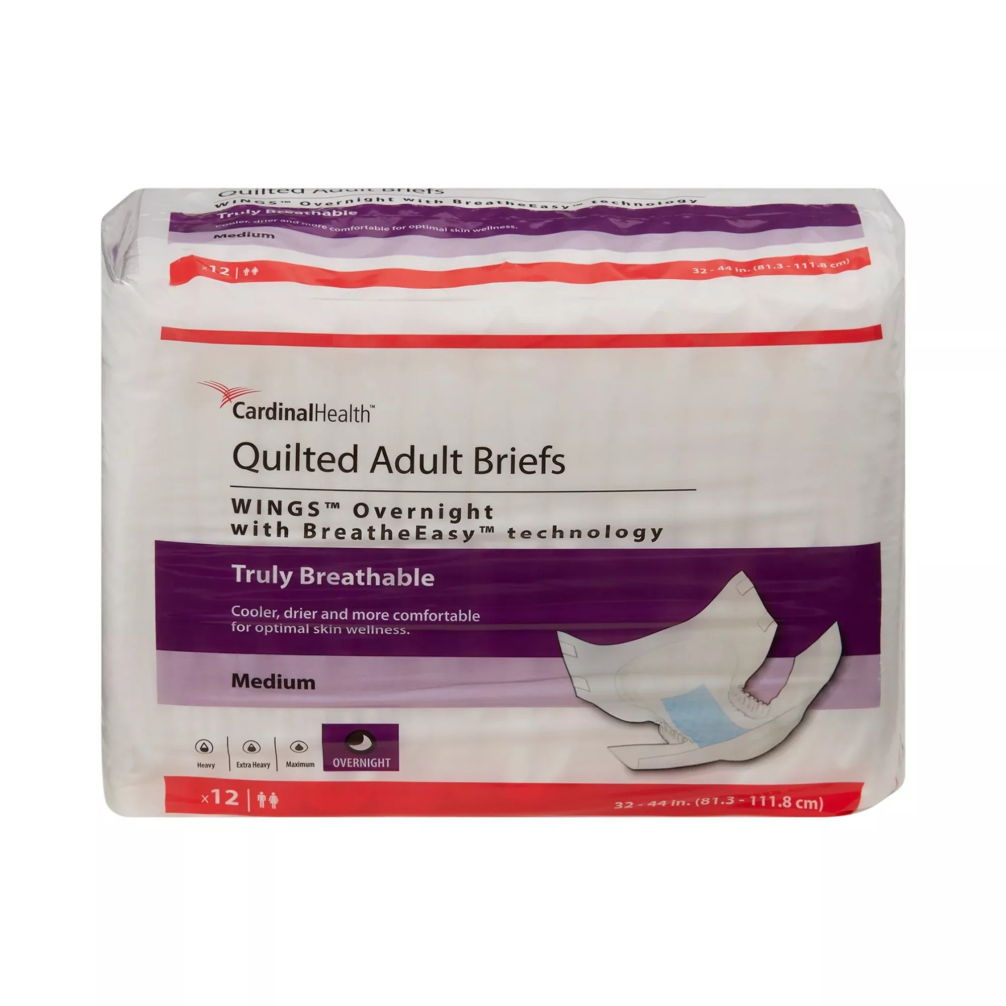 Wings Overnight Quilted Brief With Breatheeasy Technology, Medium, 32" - 44", Absorbency Level 4- Package of 12